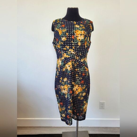 Navy Floral Grid Sheath Pencil Dress Office Career Professional Church Twee XXL - Picture 1 of 12